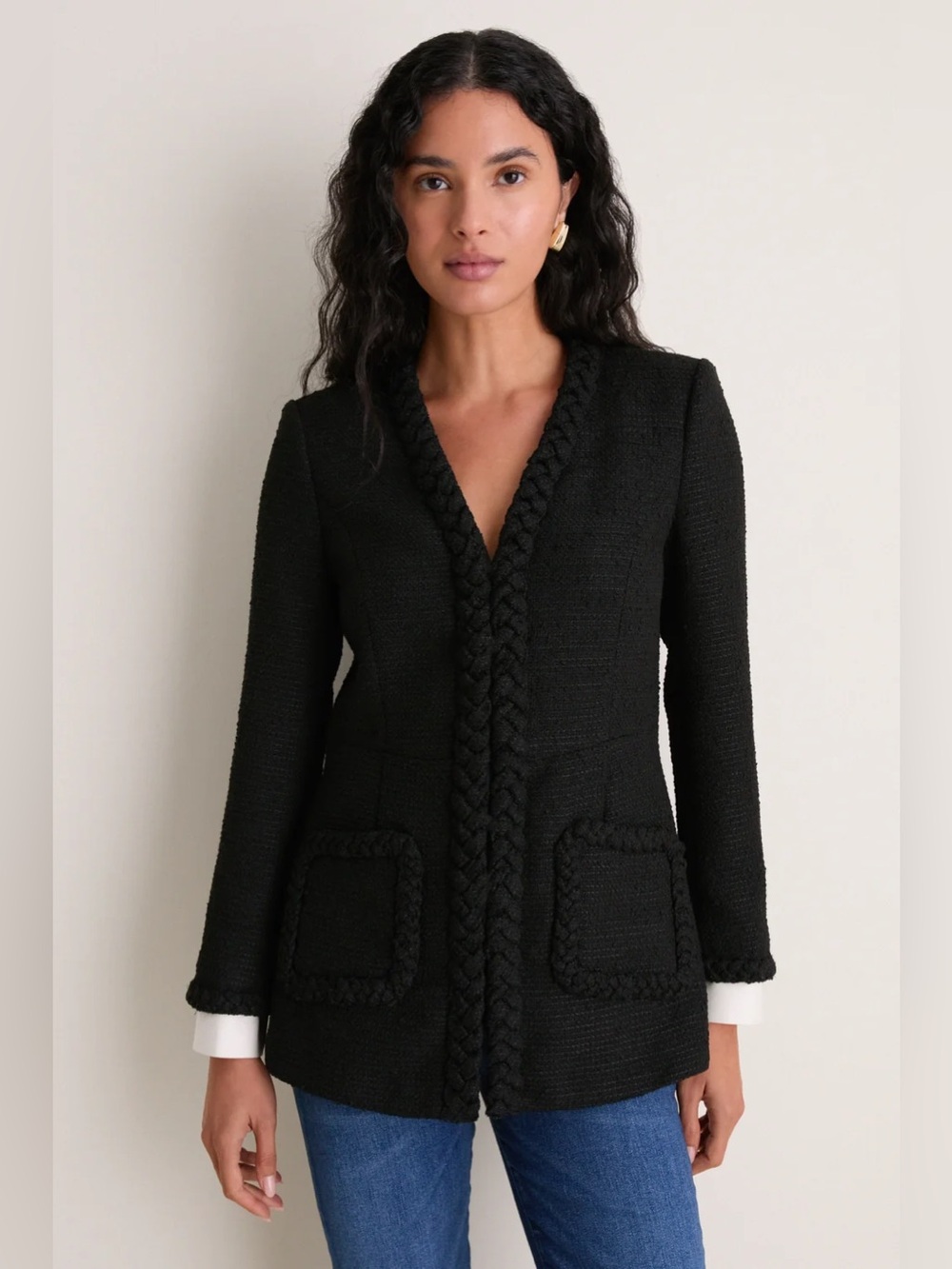Tuckernuck Shay Black Tweed Blazer Braided Trim Gold Buttons Quiet Luxury NWT S